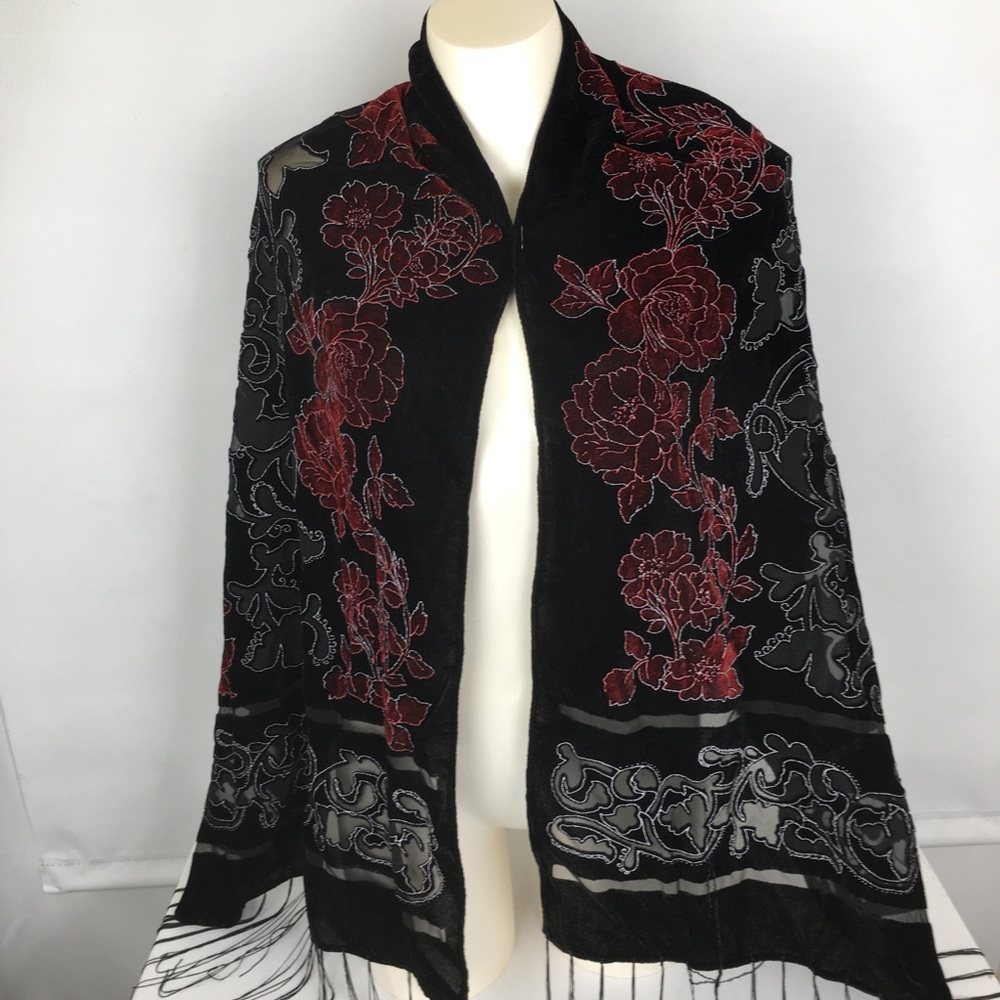 Floral Velvet Burnout Wide Scarf Wrap Black Red Sheer Fringe Evening Romantic - Picture 12 of 15